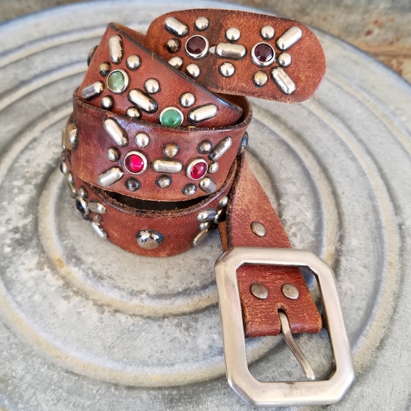 Vintage Studded Jeweled Western Leather Belt - Picture 2 of 8